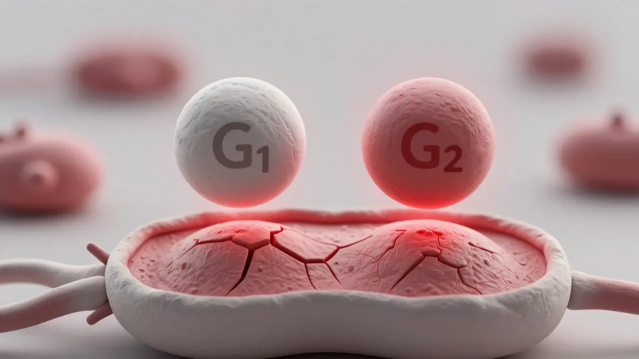Clay illustration of two gene variants stressing a kidney cell