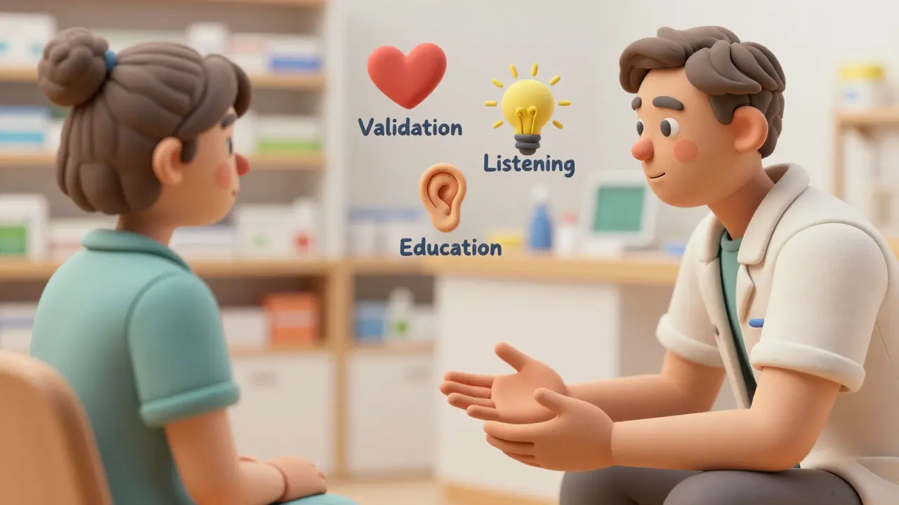 Empathetic pharmacist listening to patient building trust through communication