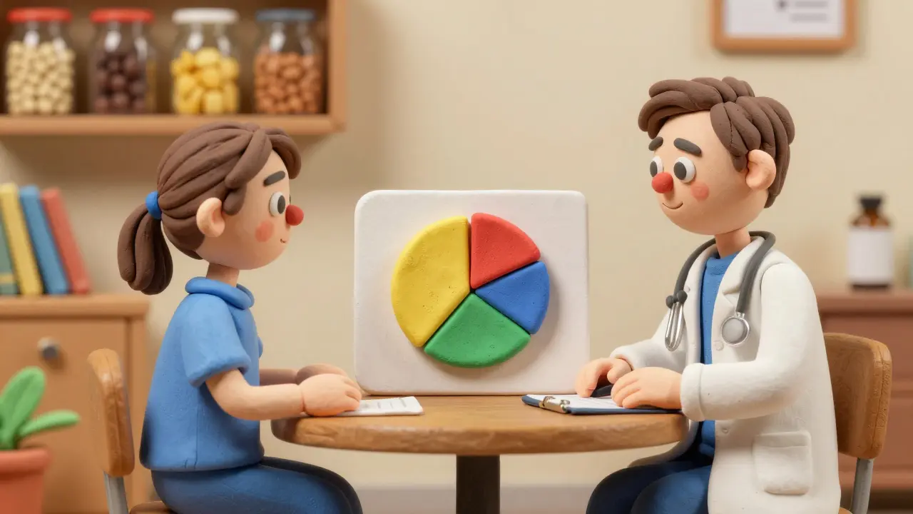 Patient consulting with a dietitian about protein timing using a clay pie chart.