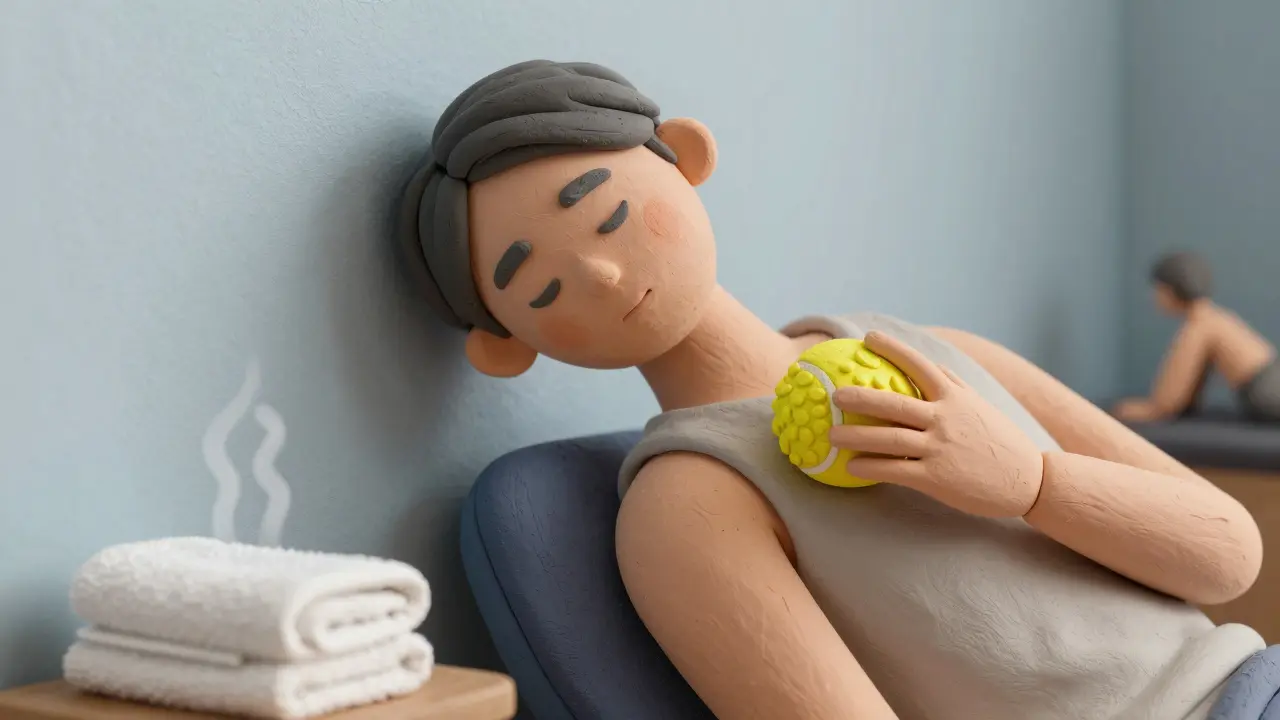 Person using a tennis ball for self-myofascial release on shoulder