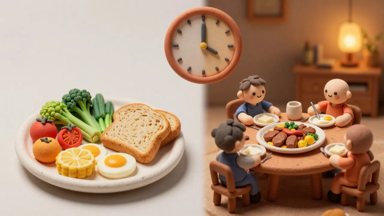 Split scene illustrating low-protein daytime meals versus high-protein evening dinners.