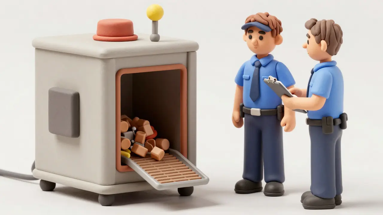 Two clay figures witnessing drug disposal with documentation