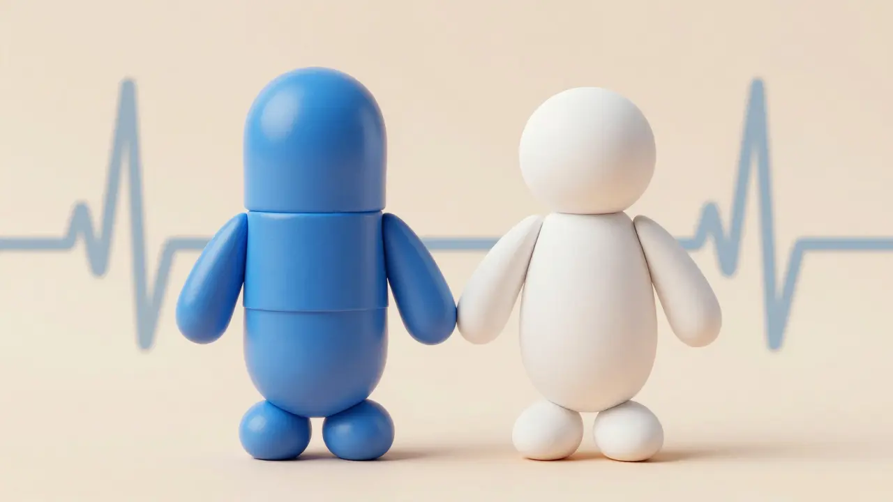 Two different pill figures holding hands showing equal strength and bioequivalence