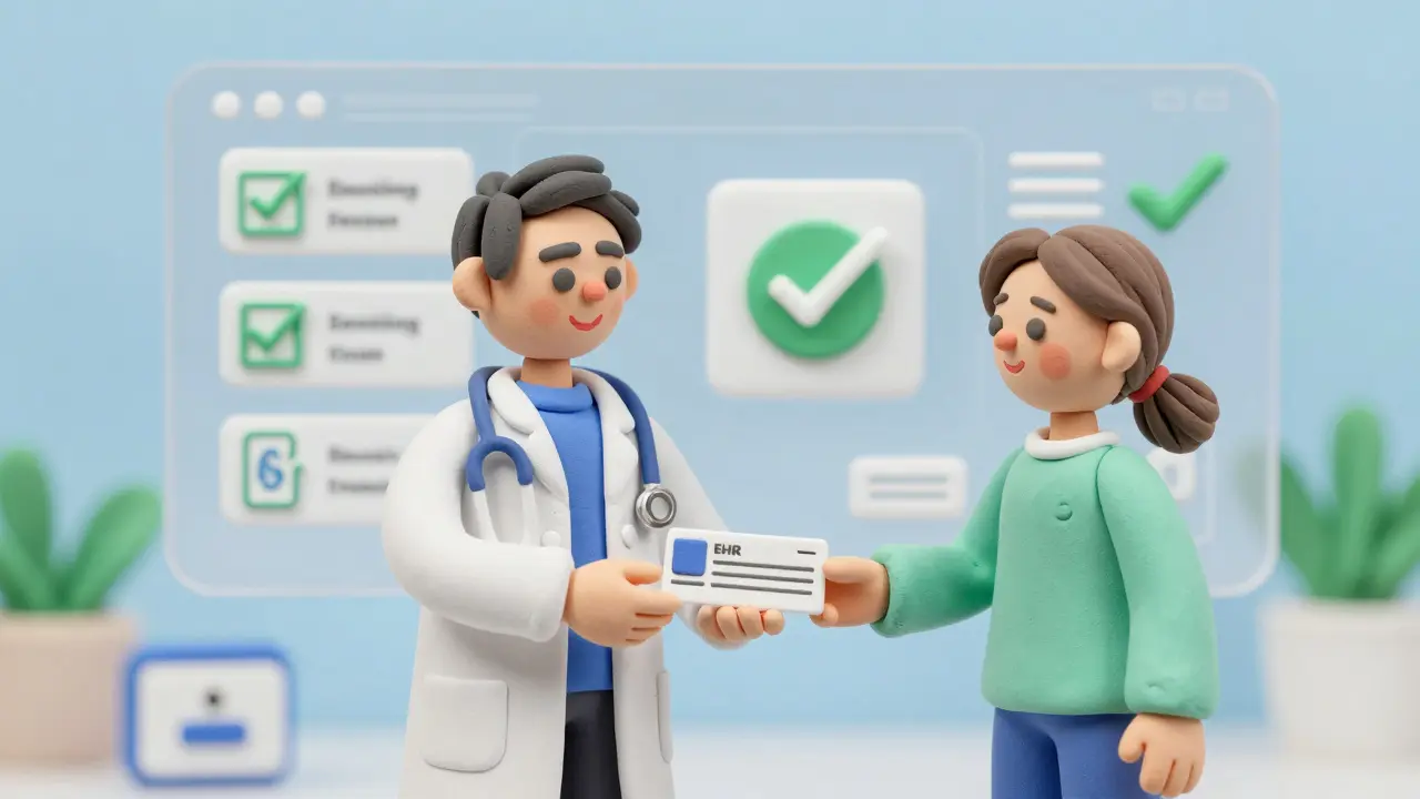 Clay art of a doctor and patient sharing a prescription with supportive digital aids.