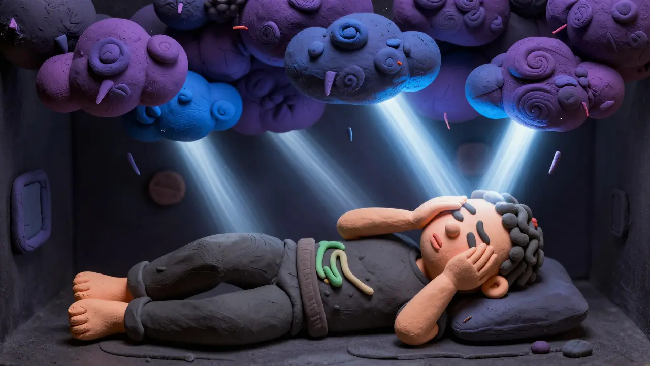 Clay art of person hiding from light during migraine storm