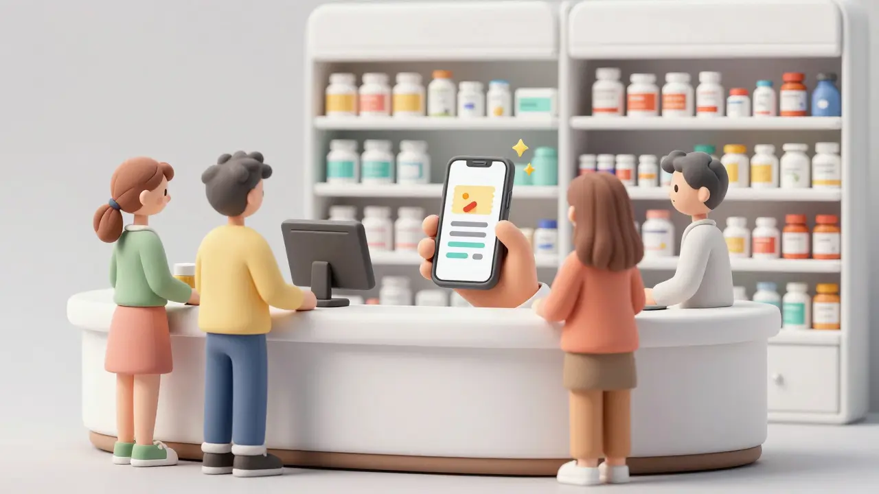 Clay art showing people using a discount coupon app to buy medicine at a pharmacy counter.