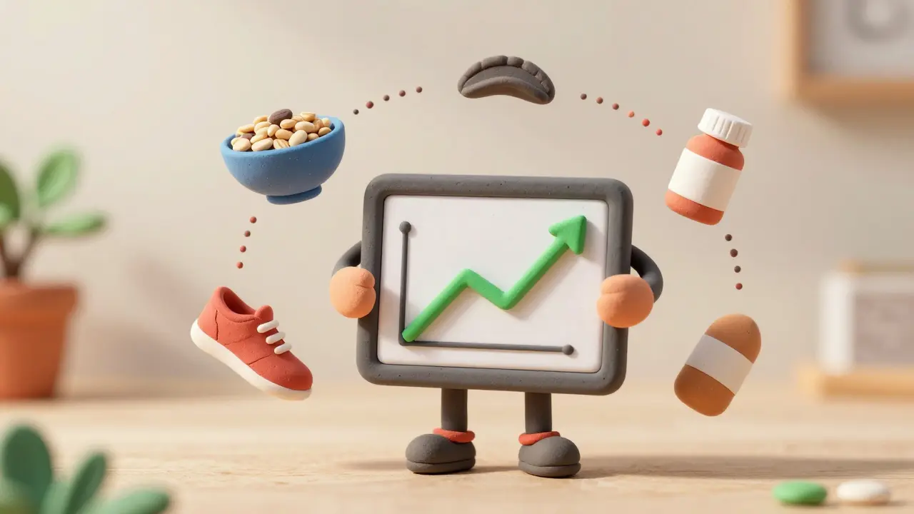 Clay character holding tablet with health icons and upward trend