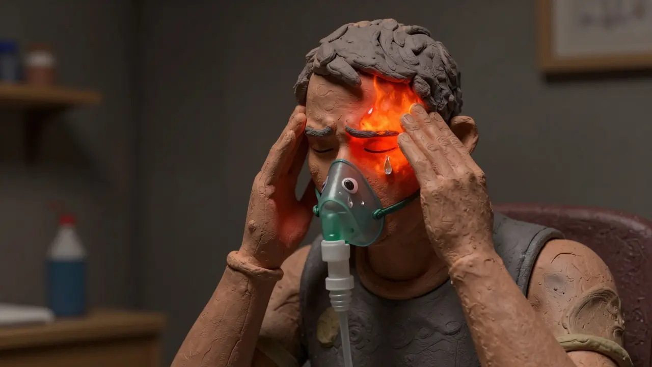 Clay character pacing with red eye indicating cluster headache