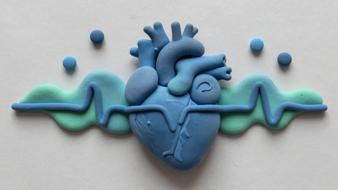 Clay heart beating slowly amidst calming blue waves