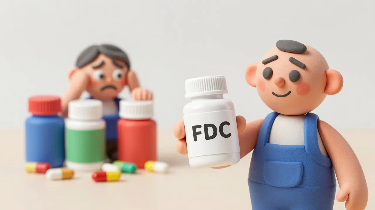 Clay illustration comparing a patient happily holding one pill bottle versus struggling with many loose pills.