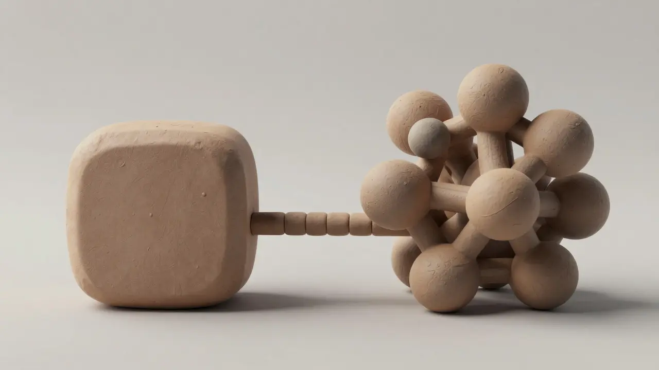Clay illustration comparing a simple generic pill to a complex biologic drug.