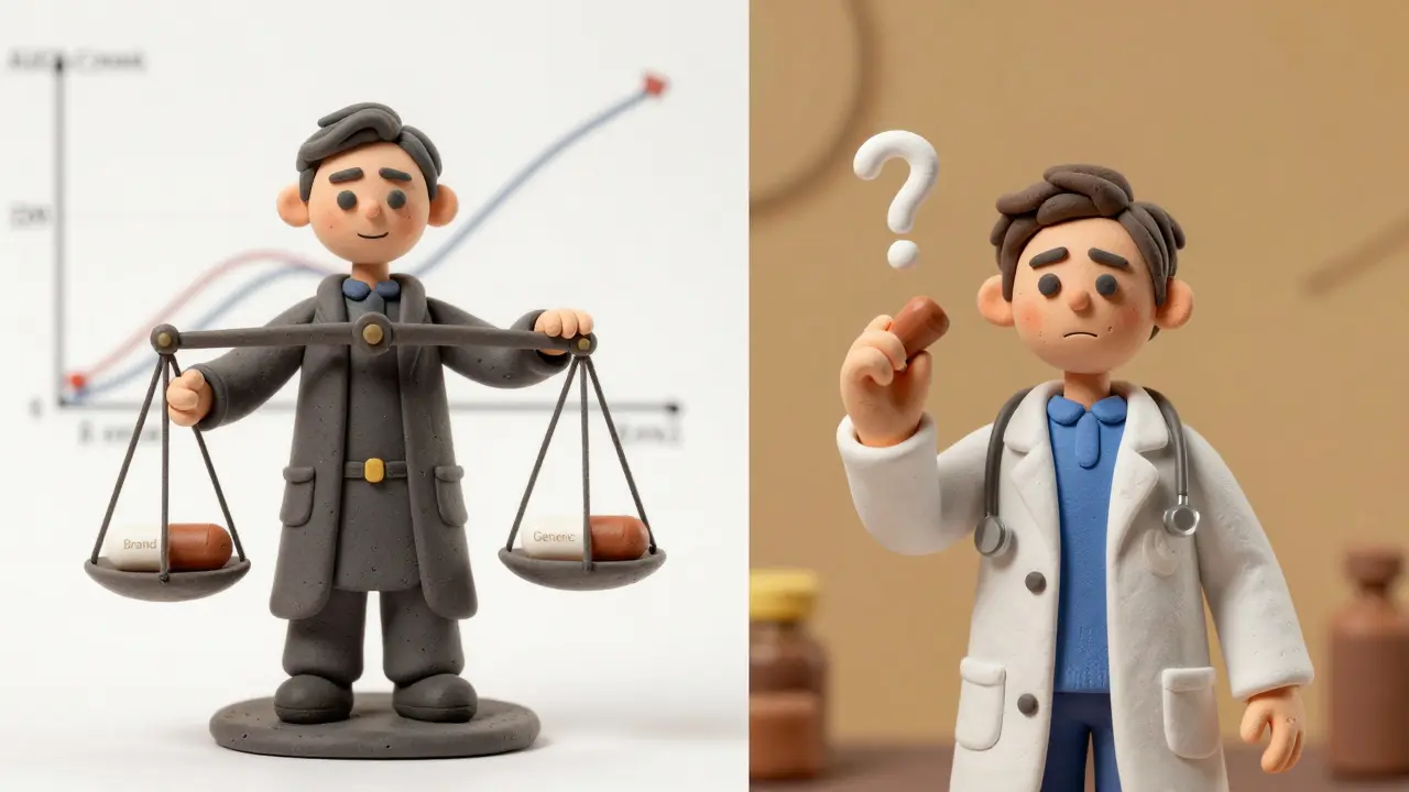 Clay illustration contrasting FDA safety scales with a skeptical doctor's doubts.