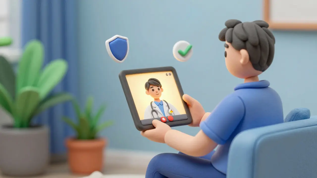 Clay illustration of a patient having a secure telehealth video consultation with a doctor.