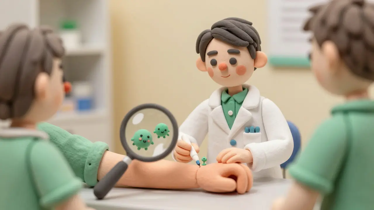 Clay illustration of doctor performing skin test to verify drug allergy