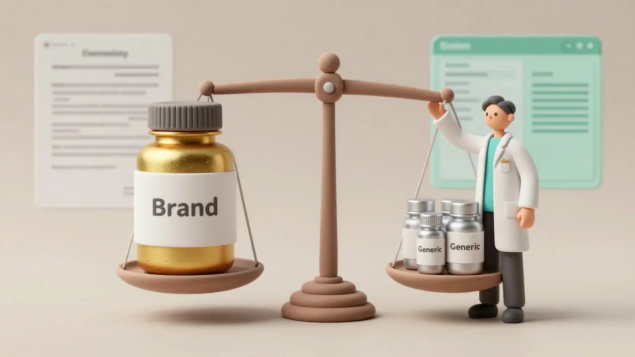 Clay illustration of scales balancing brand vs generic pills with a physician