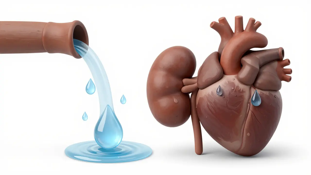 Clay kidneys filtering water droplets from the body