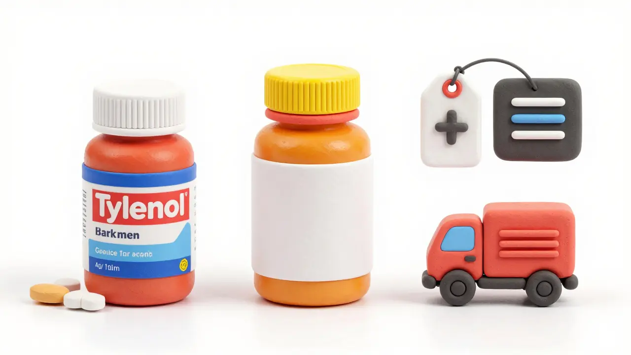 Clay models of pain reliever bottles comparing brand and generic options