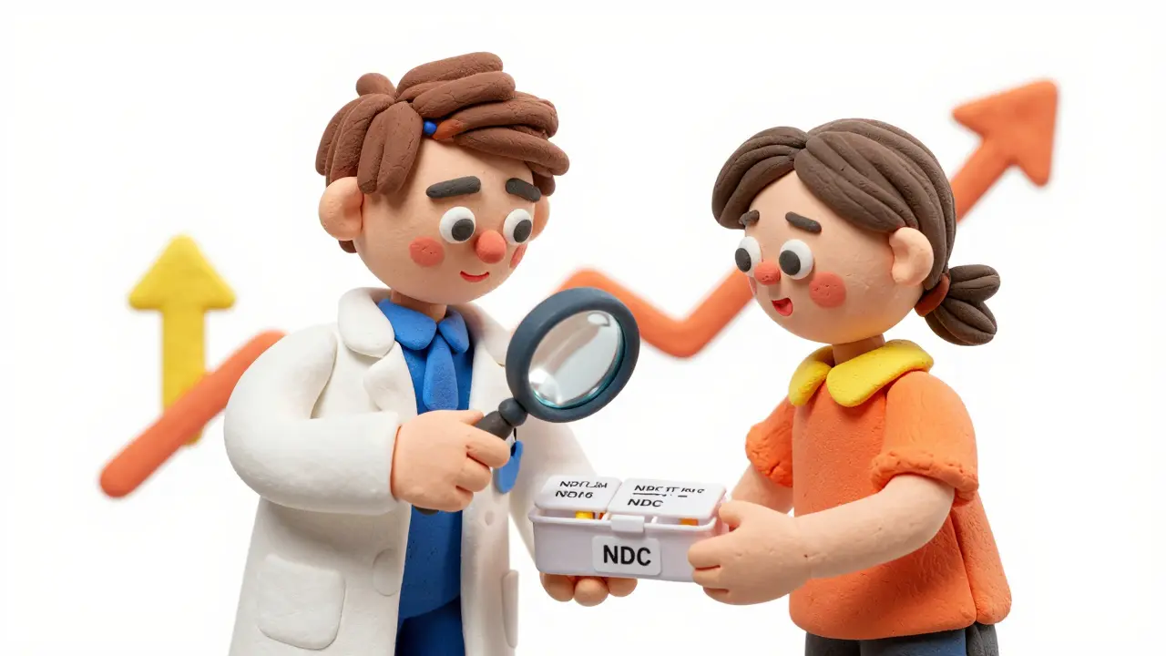 Clay pharmacist and patient examining pill details together