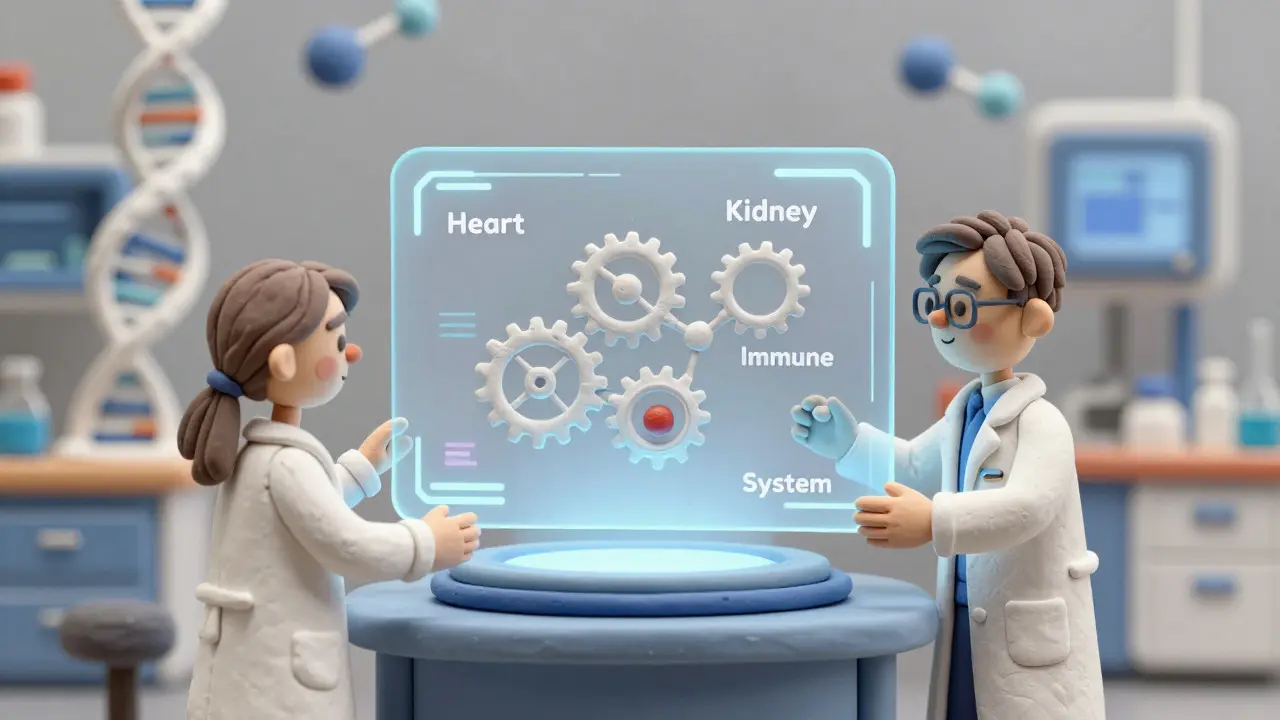 Clay rendering of scientists studying synergistic drug interactions represented by interlocking gears.