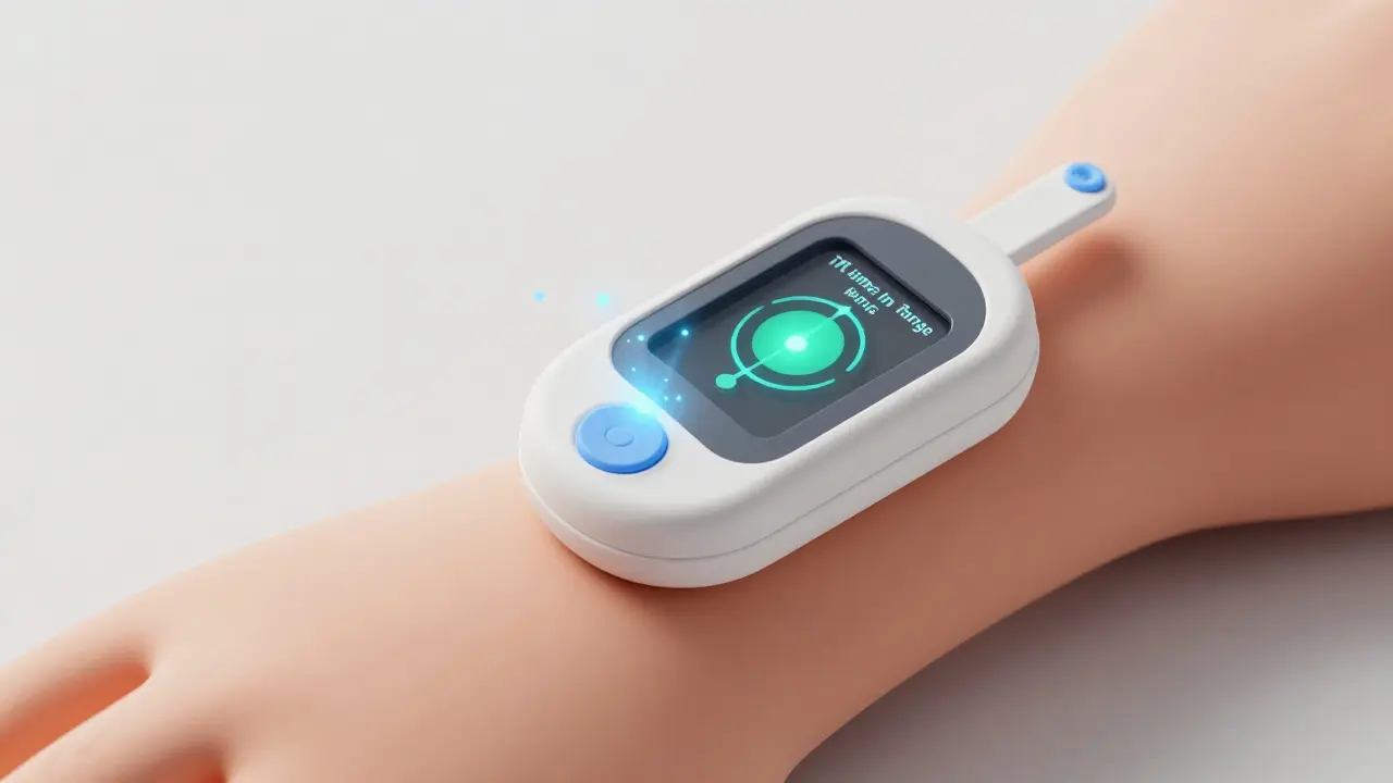 Close-up of CGM sensor on clay arm with glowing data particles