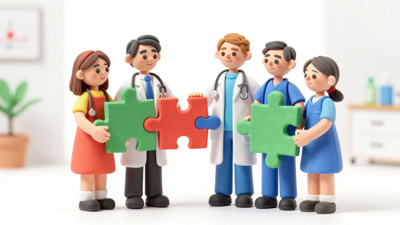 Doctor, pharmacist, and patient fitting puzzle pieces together in clay style.