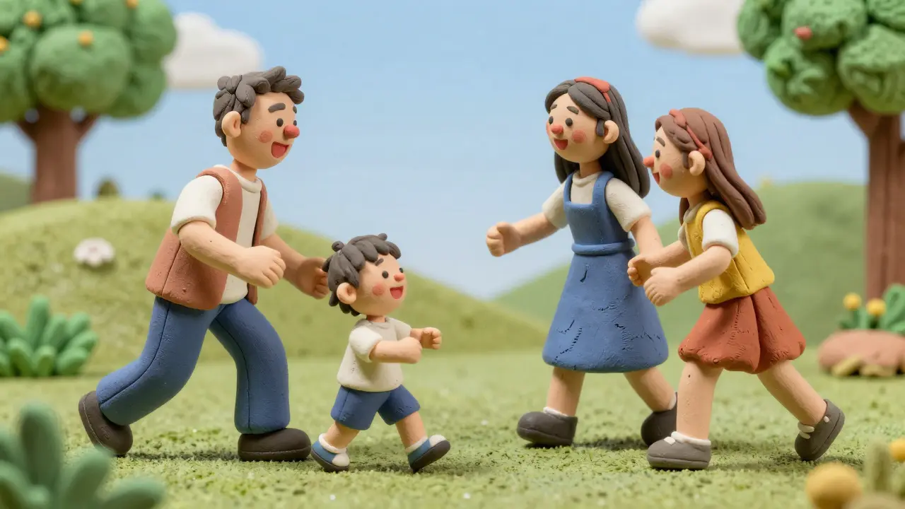Family playing tag outdoors in clay render style