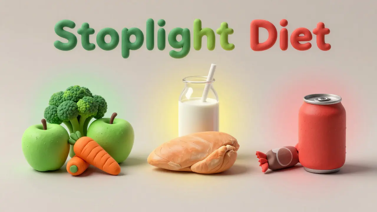 Stoplight diet food categories shown in clay illustration