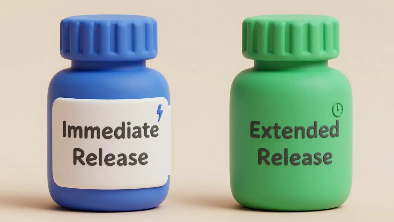 Two clay pill bottles representing different medication forms