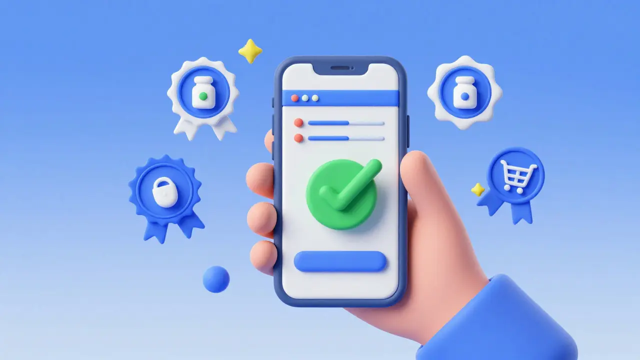 Clay art of a hand using a phone to order medicine securely, with safety icons floating nearby.