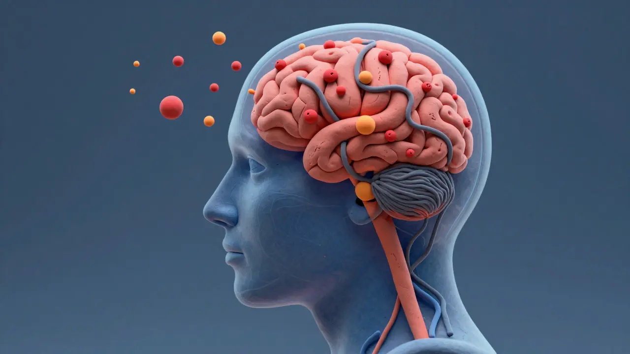 Clay art of a head showing red inflammation particles disrupting brain signals
