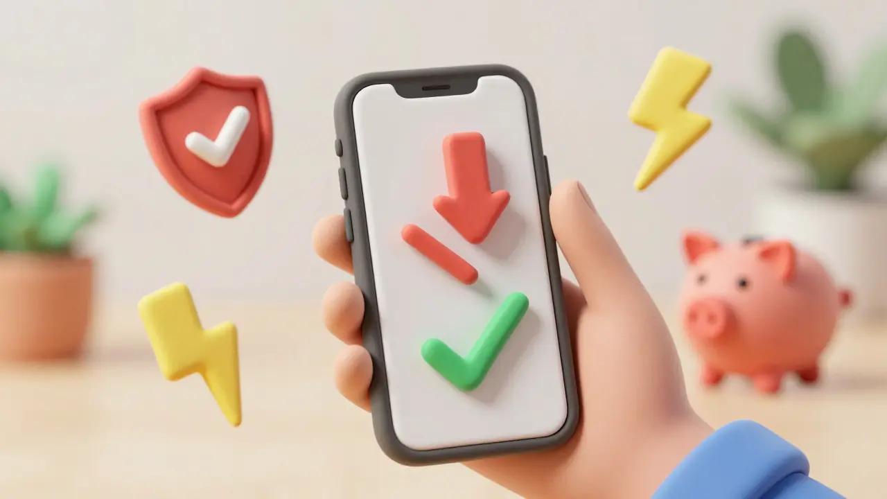 Clay art showing smartphone with safety and savings icons for buying meds