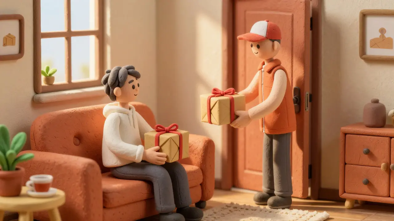 Clay character receiving a medication package at their doorstep from a mail carrier