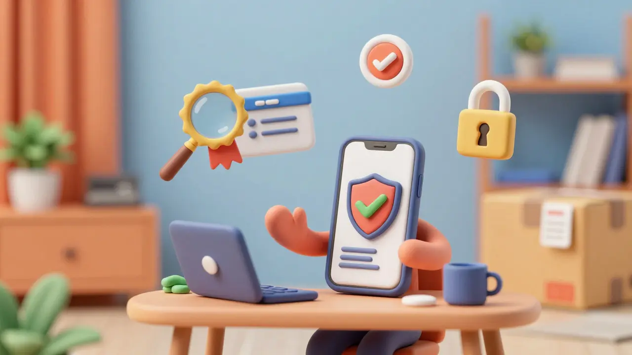 Clay character using phone to verify safe online pharmacy purchase