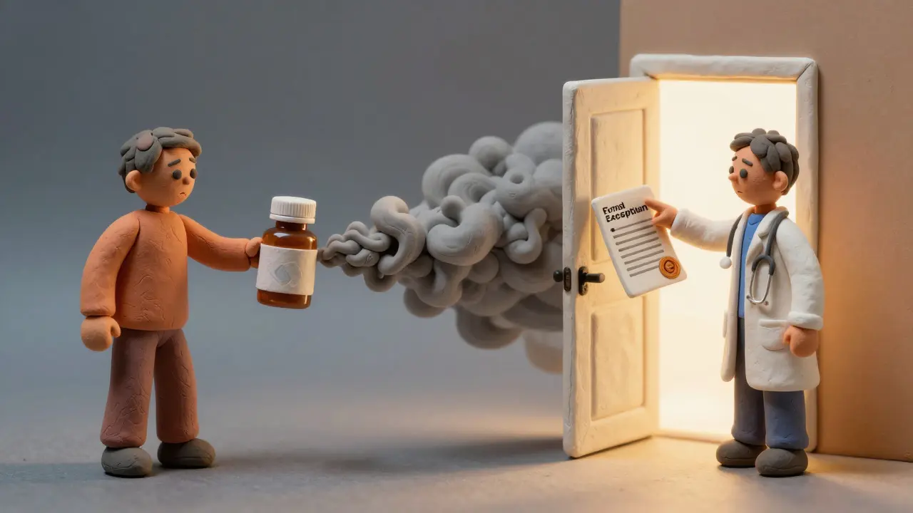 Clay figures showing a patient facing drug switching and a doctor offering a solution