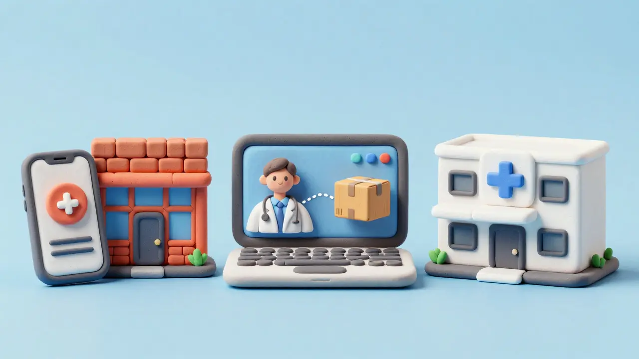 Clay illustration comparing three types of online pharmacy services with abstract icons