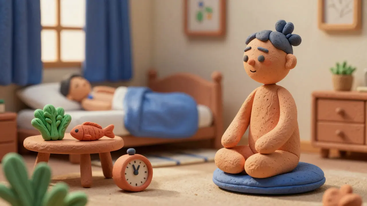 Clay illustration of pacing, sleep hygiene, and diet for managing fatigue