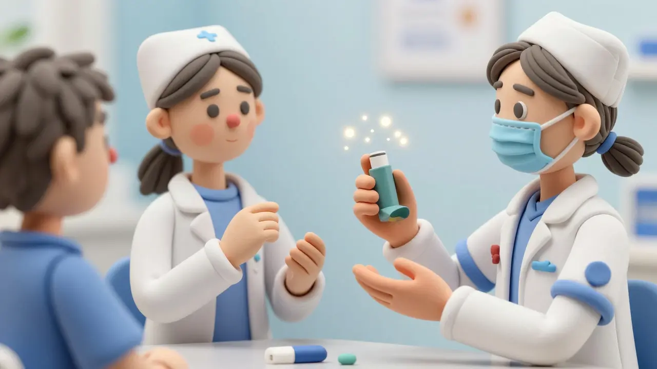 Clay illustration of patient demonstrating inhaler use during teach-back assessment