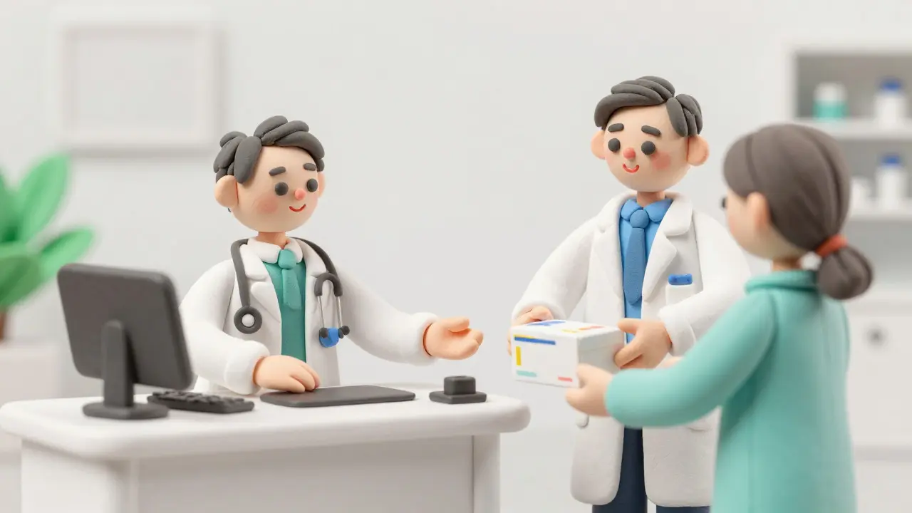 Clay illustration of telehealth doctor and pharmacist exchanging medication