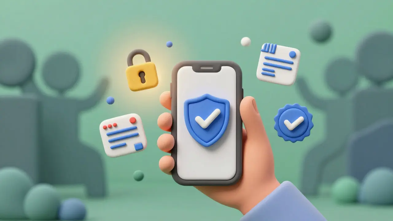 Clay illustration of verifying safe online pharmacy credentials on phone