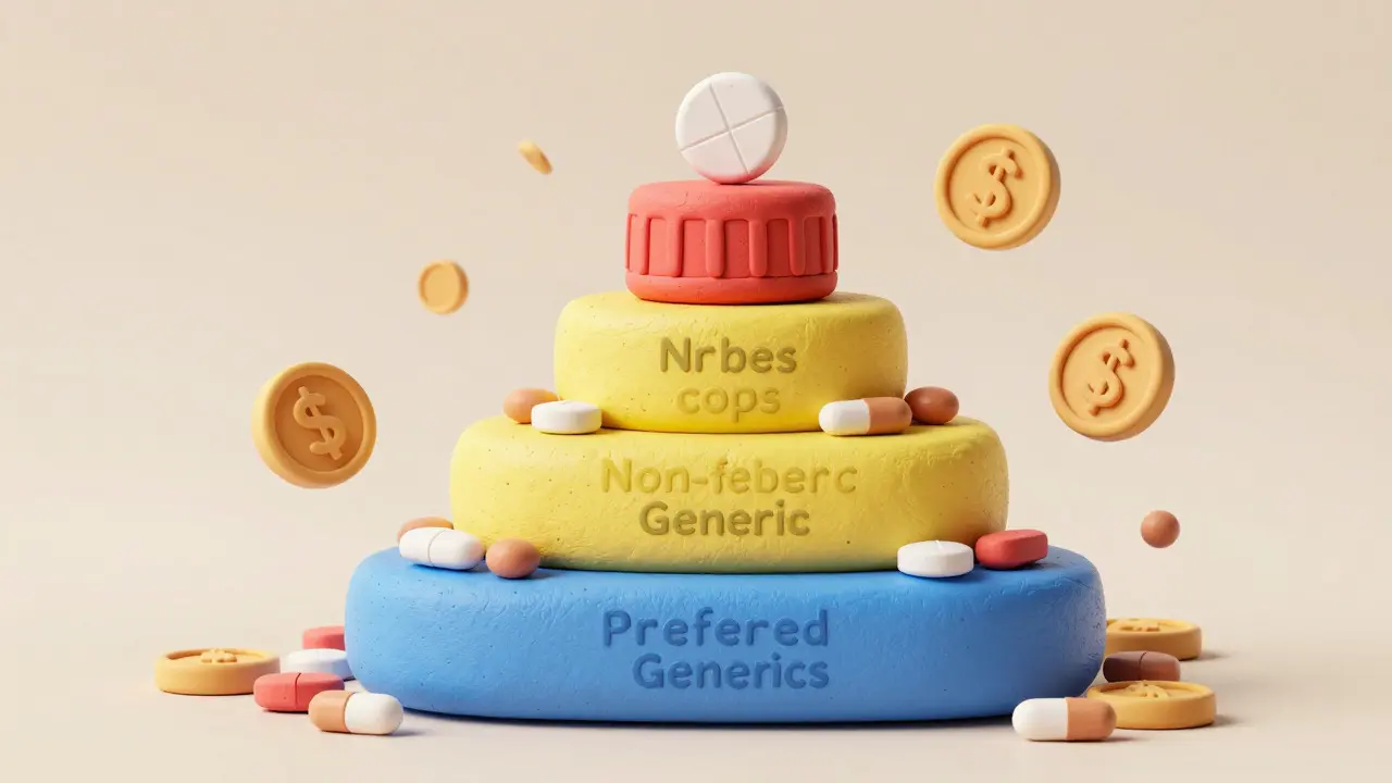 Clay pyramid illustrating medication cost tiers with coins accumulating at the base