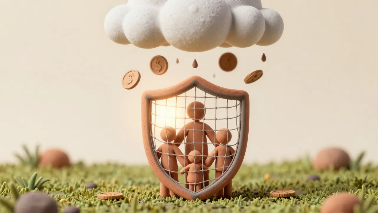 Clay shield protecting a family from falling money, illustrating the out-of-pocket maximum