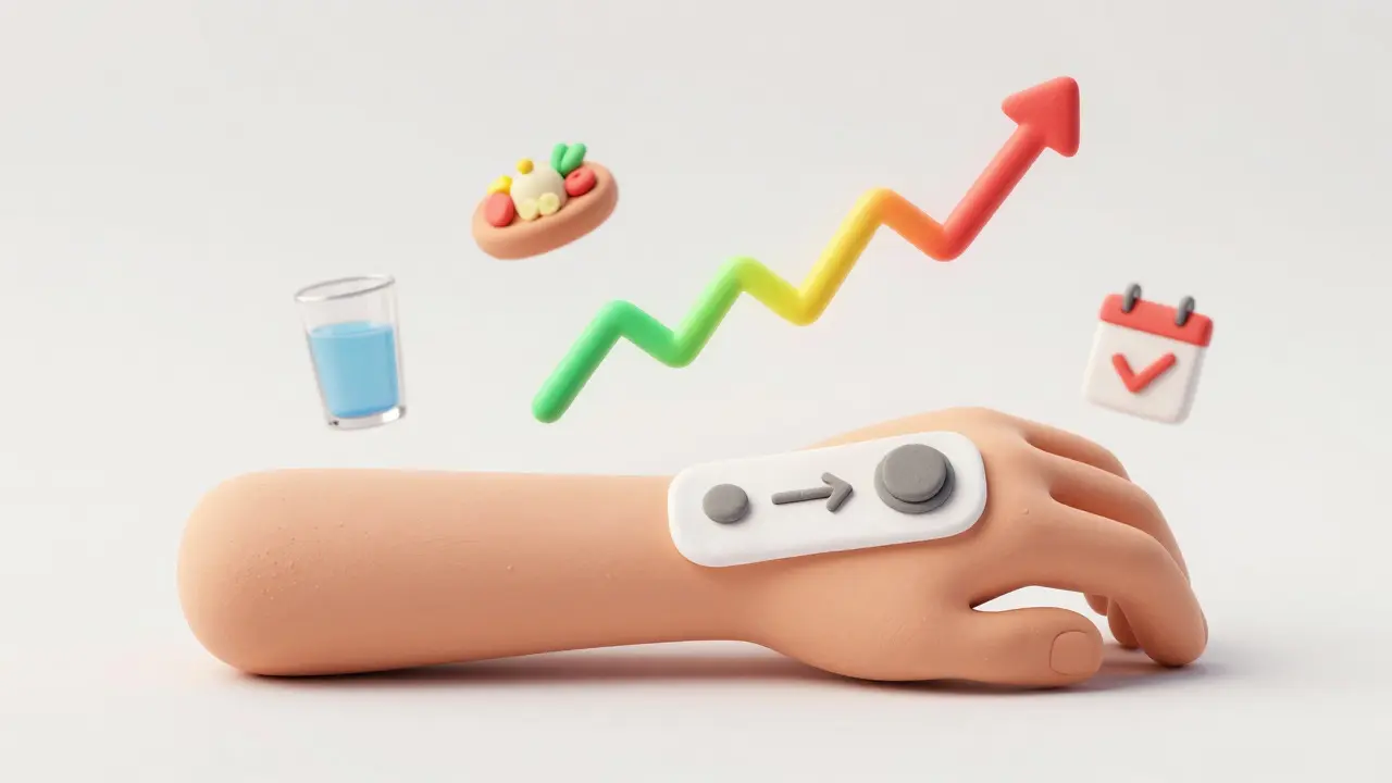 Clay style image of a CGM monitor with trend arrows and health icons