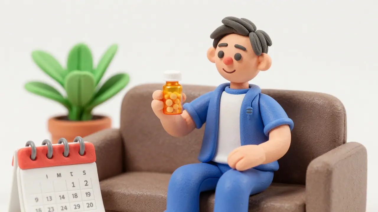 Clay style image of a person relaxing with a pill bottle, representing consistent and stress-free health management.