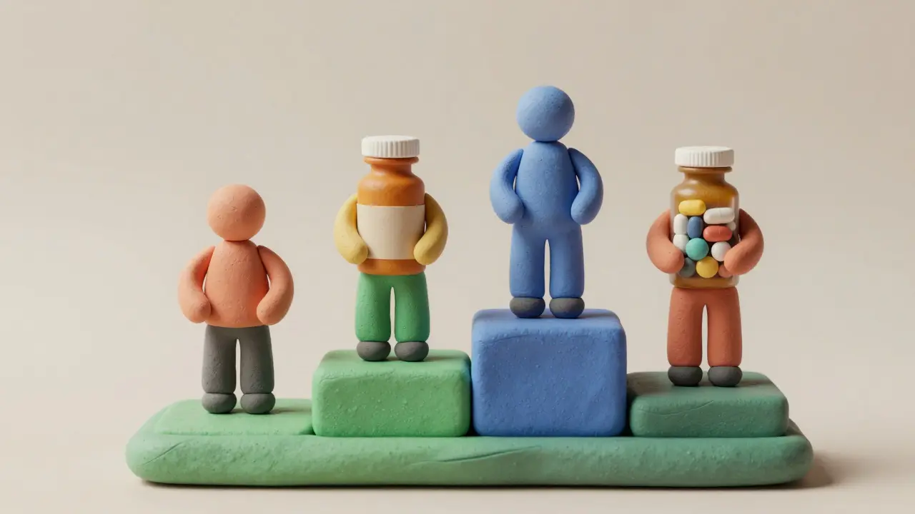 Four clay figures on steps holding different pill bottles to show medication cost tiers