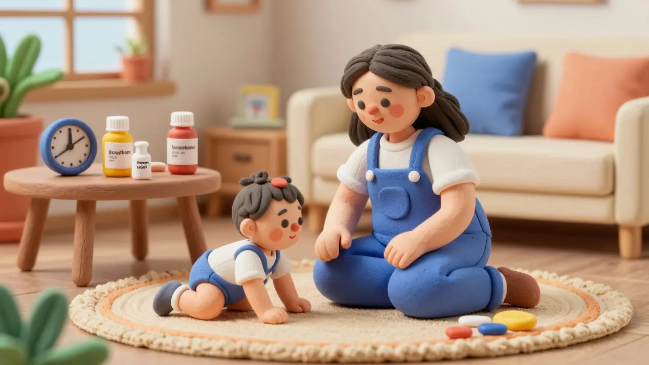 Happy mother and baby playing after taking safe pain relievers