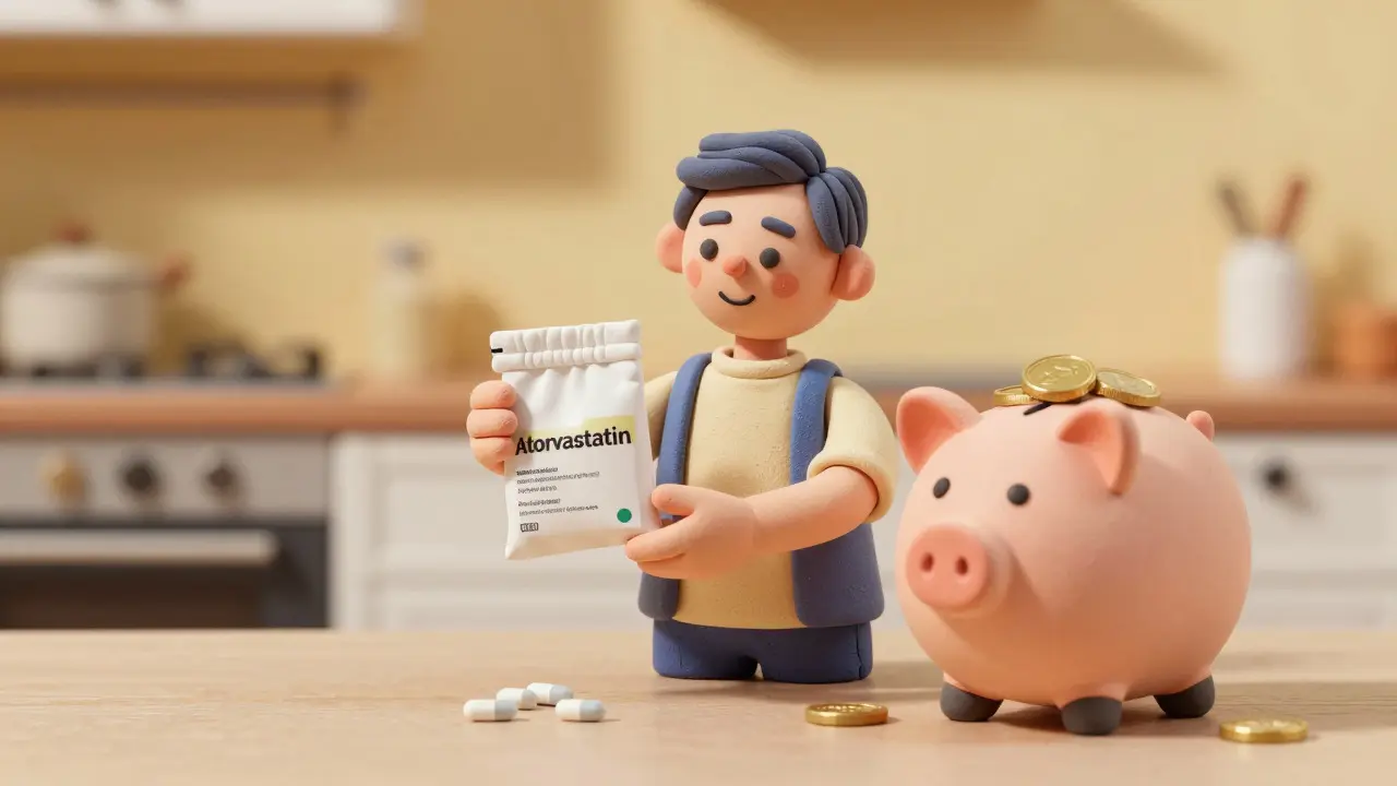 Happy person holding generic pills and full piggy bank in clay style