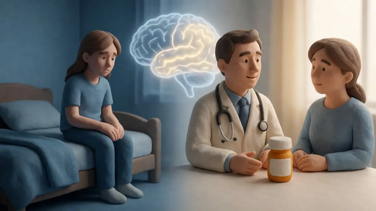 Split scene contrasting isolated depression with calm medical consultation