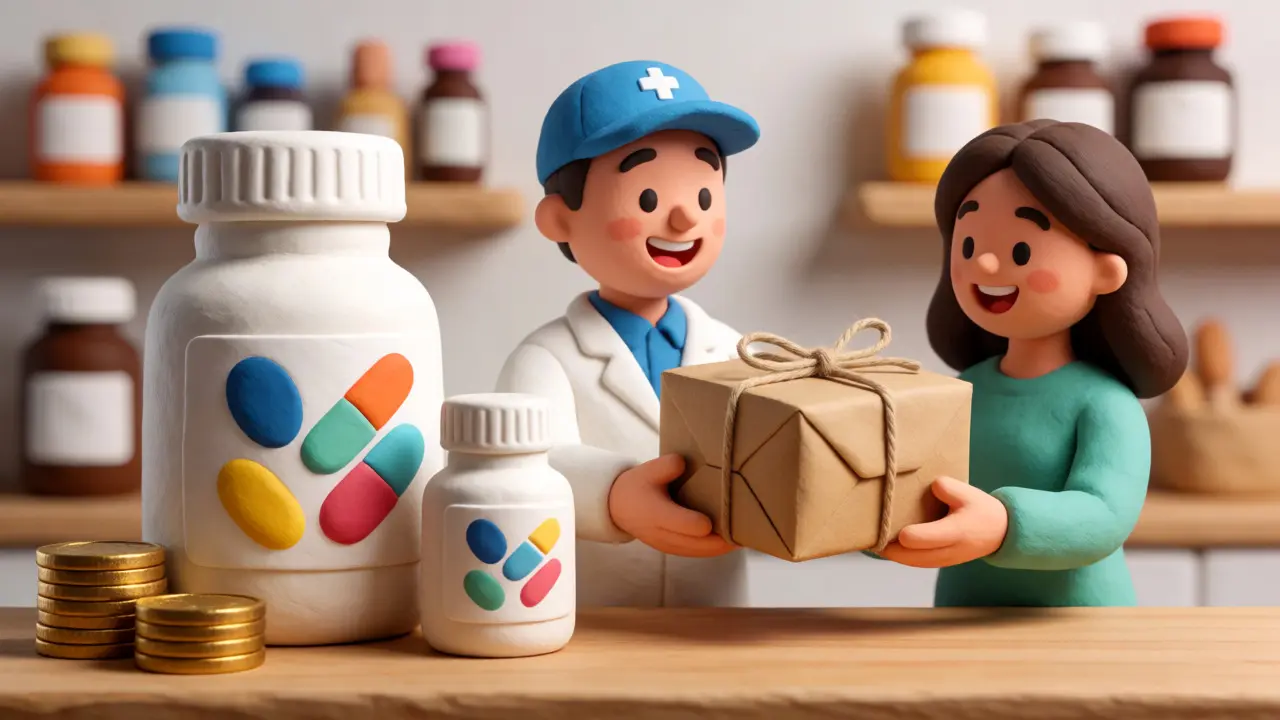 Clay character receiving a medication package next to brand and generic pills.
