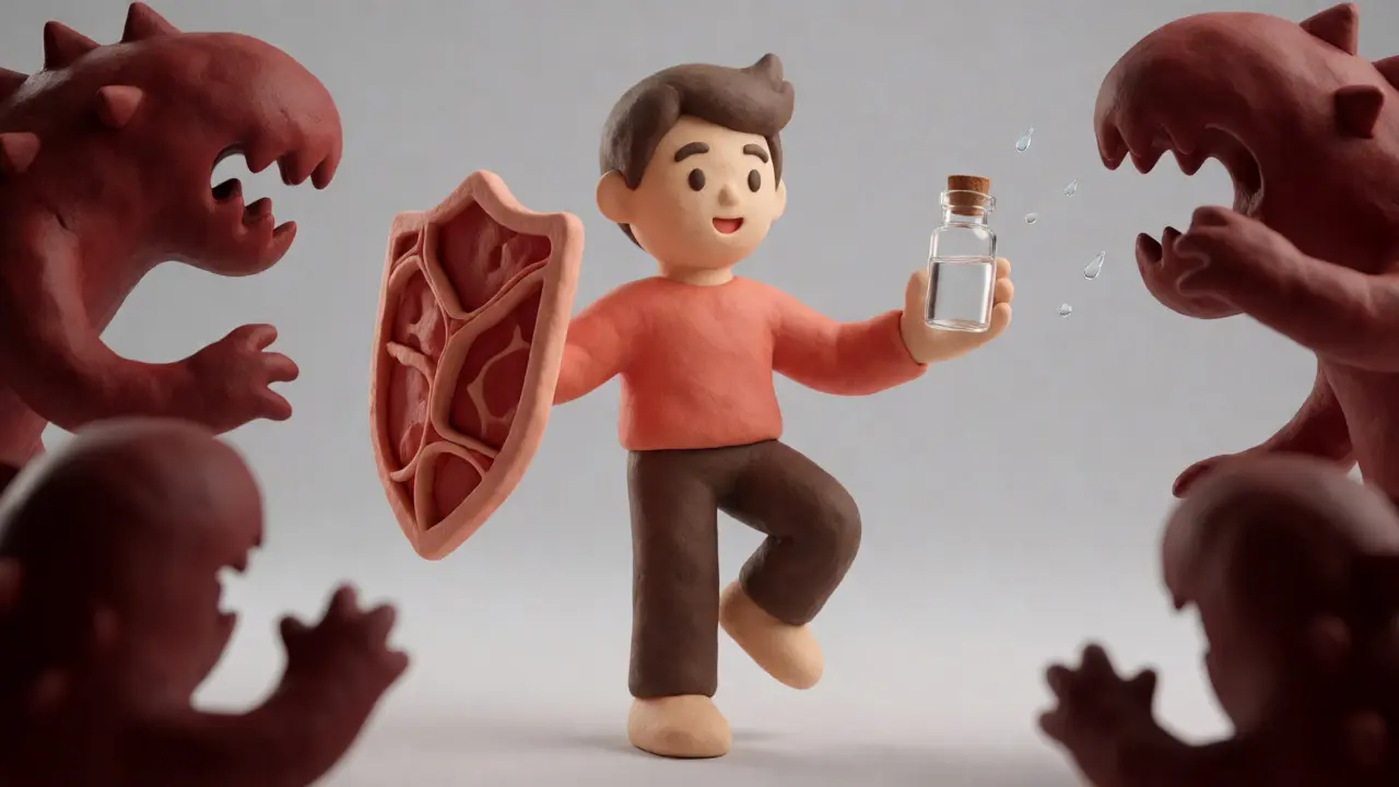 Conceptual art showing balance between clot protection and bleeding risk using shield and vial.