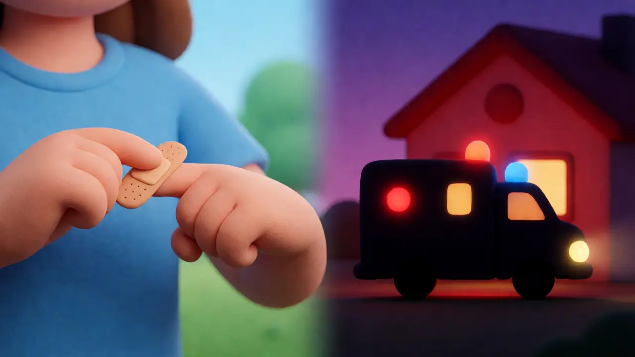 Split scene comparing minor home-care cuts with urgent ambulance response for severe bleeds.